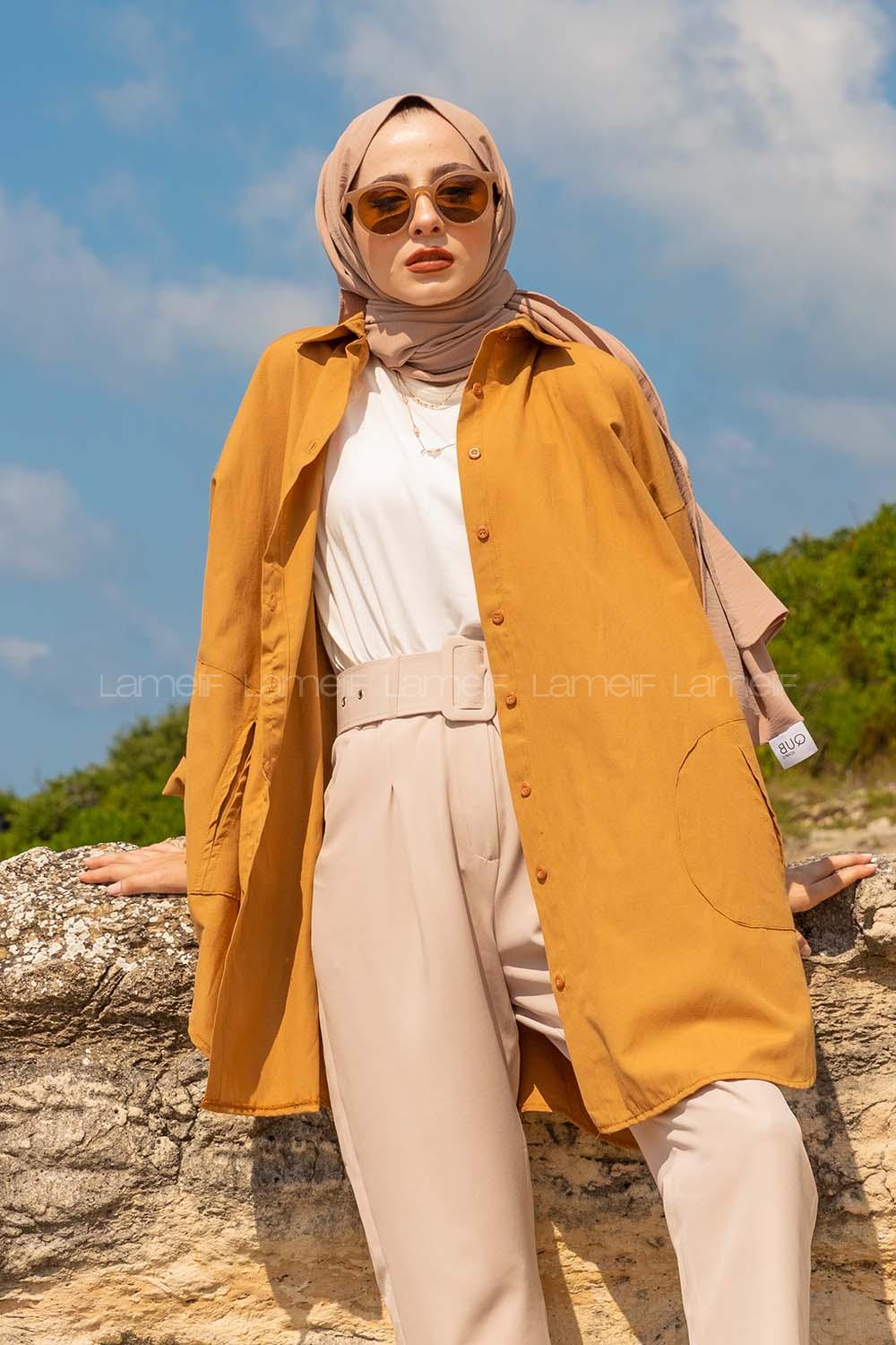 Modalamelif Önü Düğmeli Yan Cepli Gömlek Camel