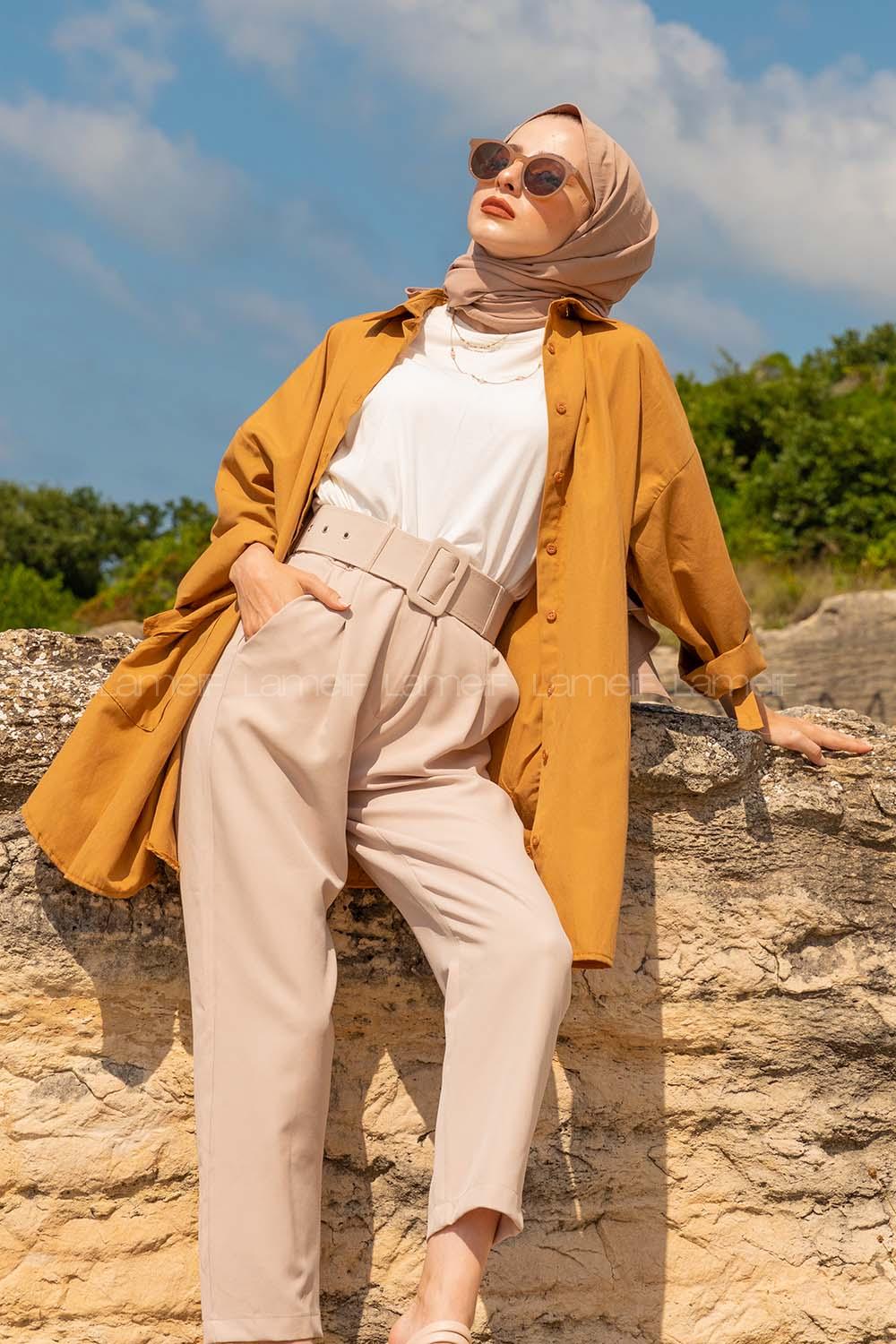 Modalamelif Önü Düğmeli Yan Cepli Gömlek Camel