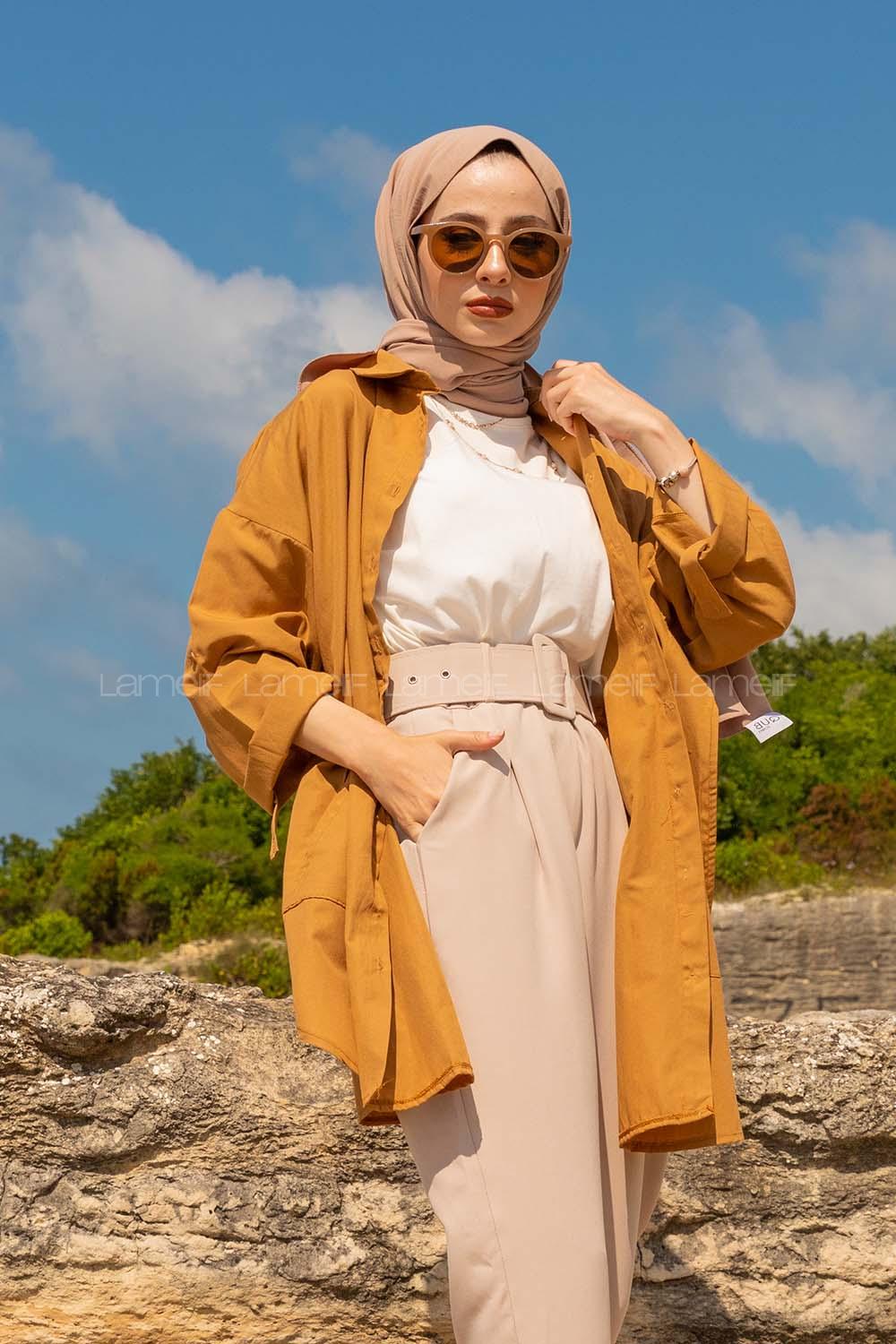 Modalamelif Önü Düğmeli Yan Cepli Gömlek Camel