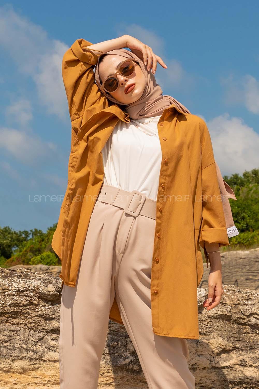 Modalamelif Önü Düğmeli Yan Cepli Gömlek Camel