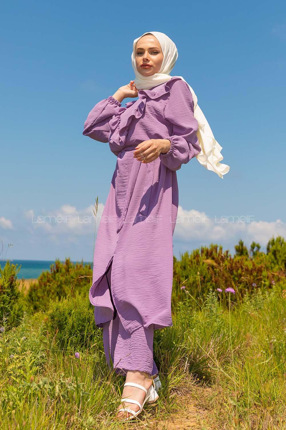 Modalamelif Önü Fırfırlı İkili Takım Lila