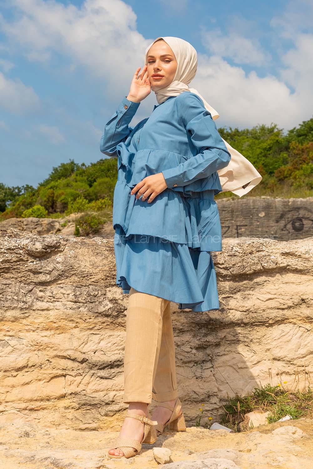 Modalamelif Önü Fırfırlı Tunik İndigo