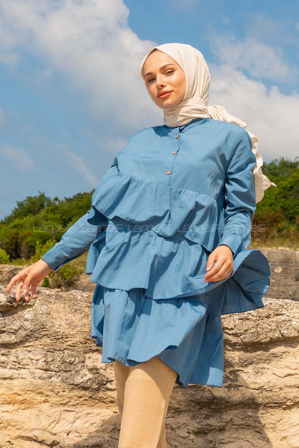 Modalamelif Önü Fırfırlı Tunik İndigo