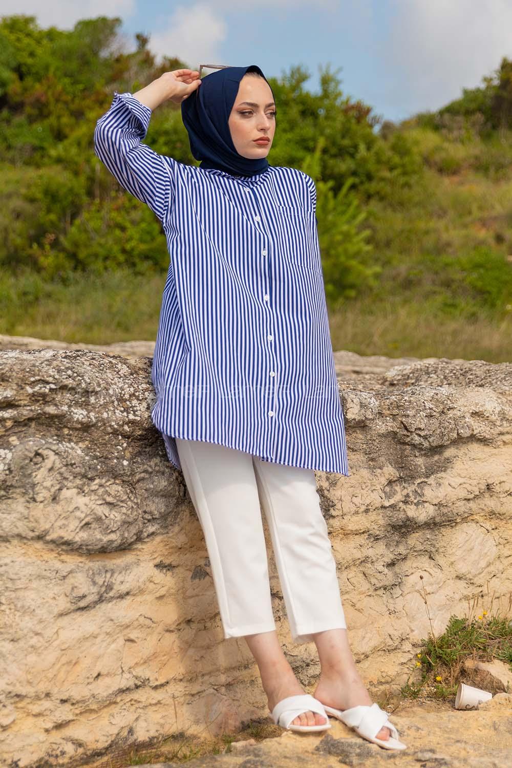 Modalamelif Tek Cepli Çizgili Gömlek Lacivert