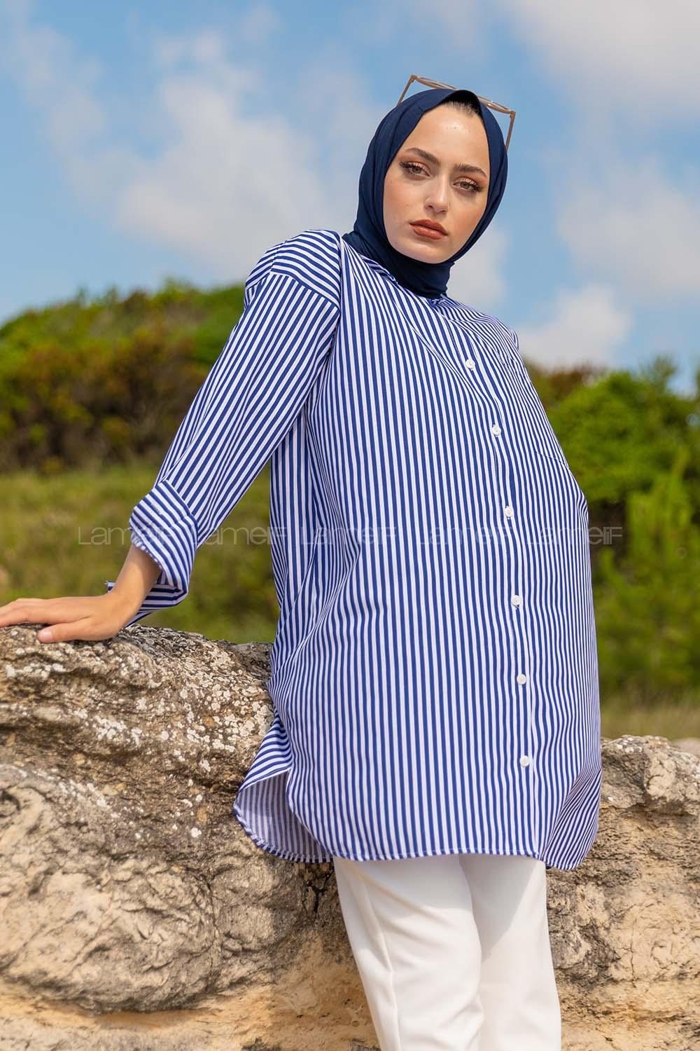 Modalamelif Tek Cepli Çizgili Gömlek Lacivert