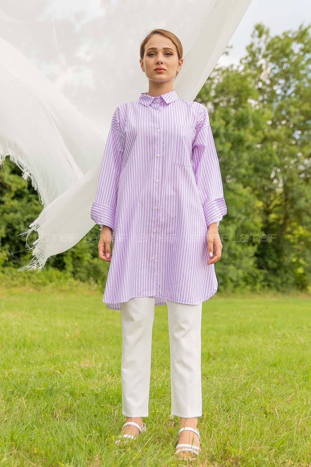 Modalamelif Tek Cepli Çizgili Gömlek Lila