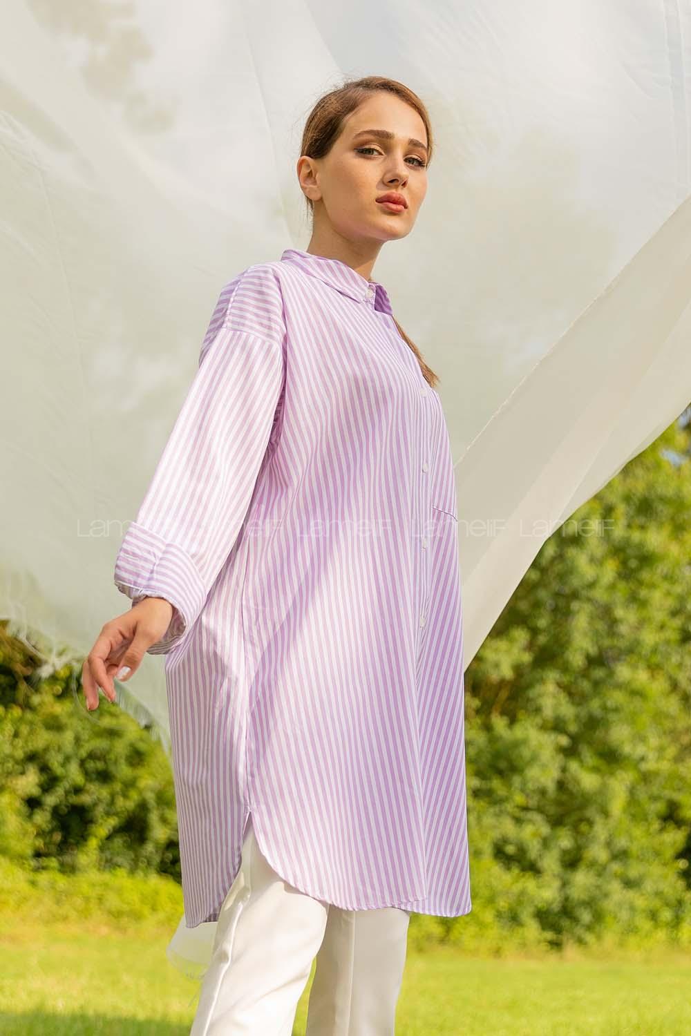 Modalamelif Tek Cepli Çizgili Gömlek Lila