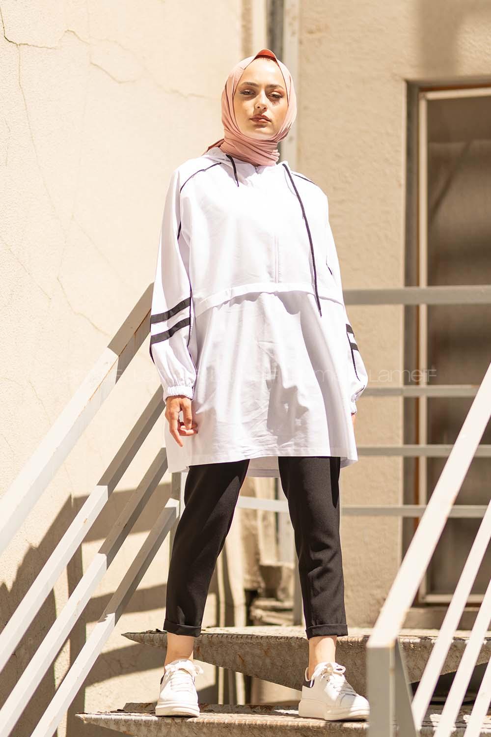 Modalamelif Yarım Fermuarlı Kapşonlu Tunik Beyaz