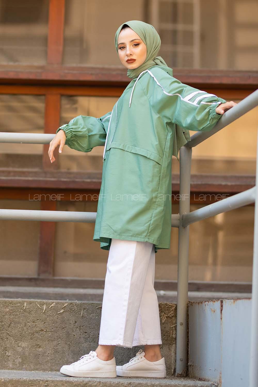 Modalamelif Yarım Fermuarlı Kapşonlu Tunik Çağla Yeşili
