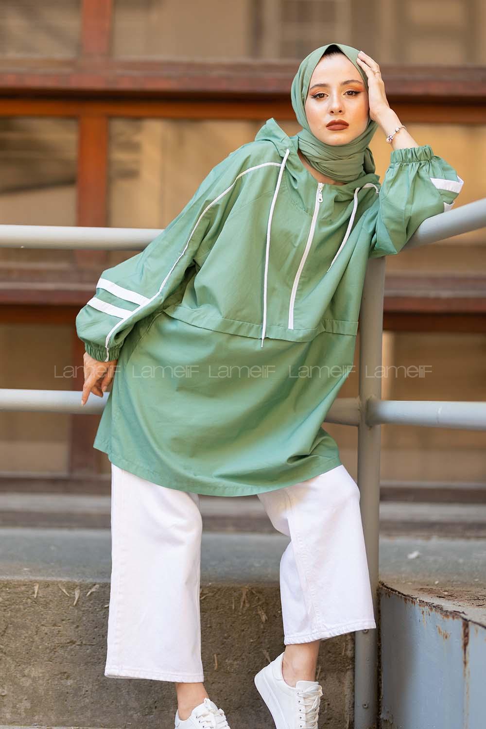 Modalamelif Yarım Fermuarlı Kapşonlu Tunik Çağla Yeşili