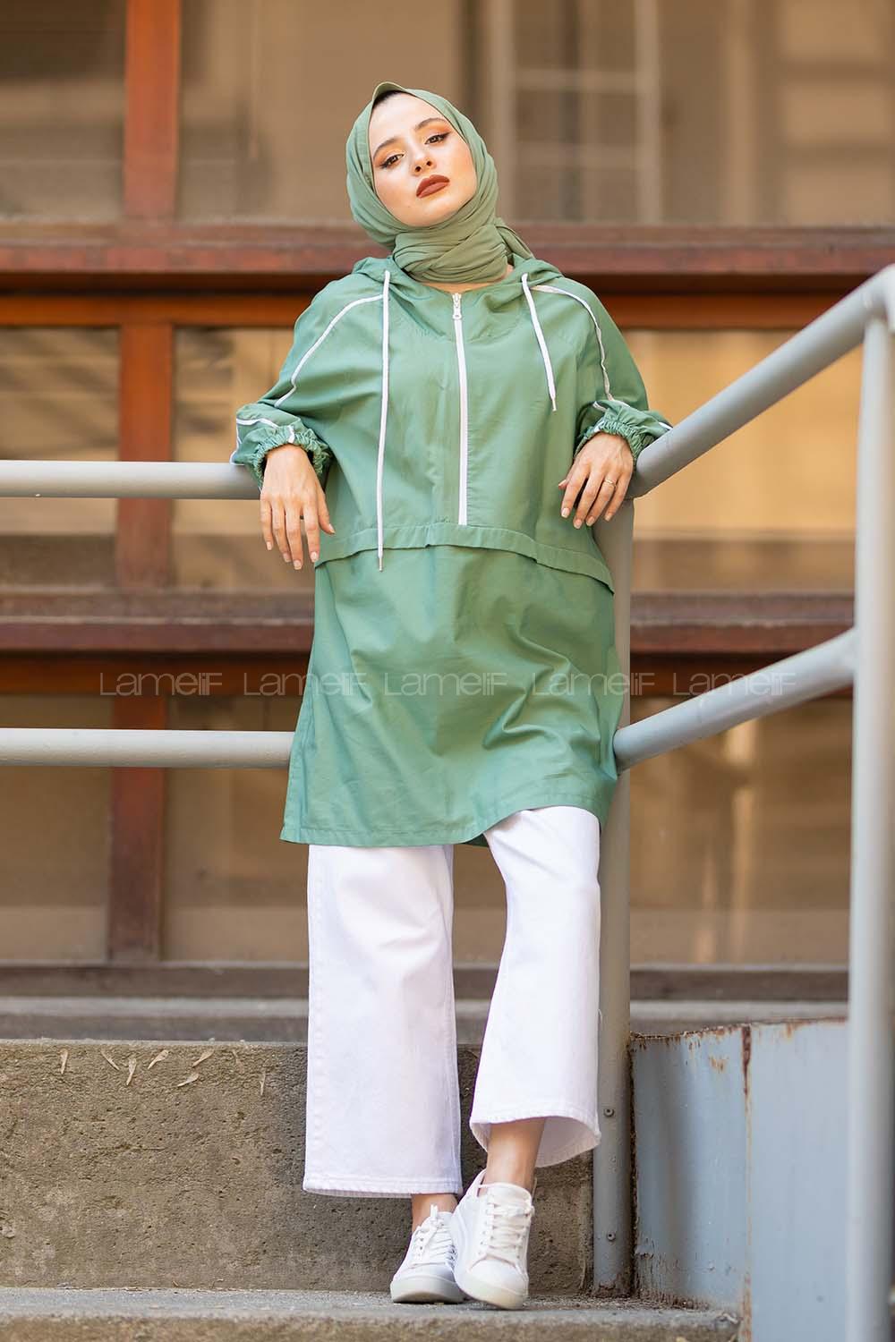 Modalamelif Yarım Fermuarlı Kapşonlu Tunik Çağla Yeşili