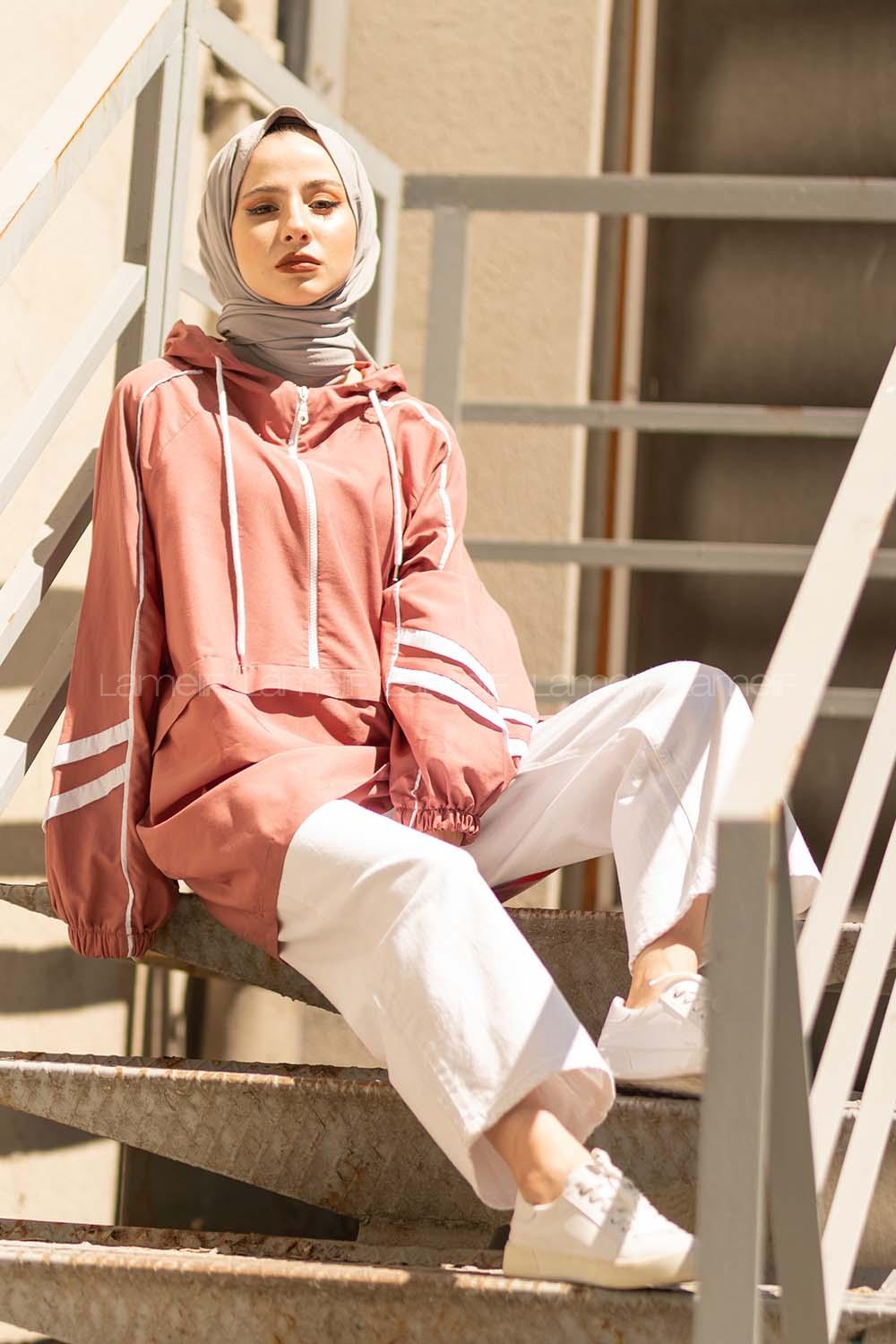 Modalamelif Yarım Fermuarlı Kapşonlu Tunik Gül