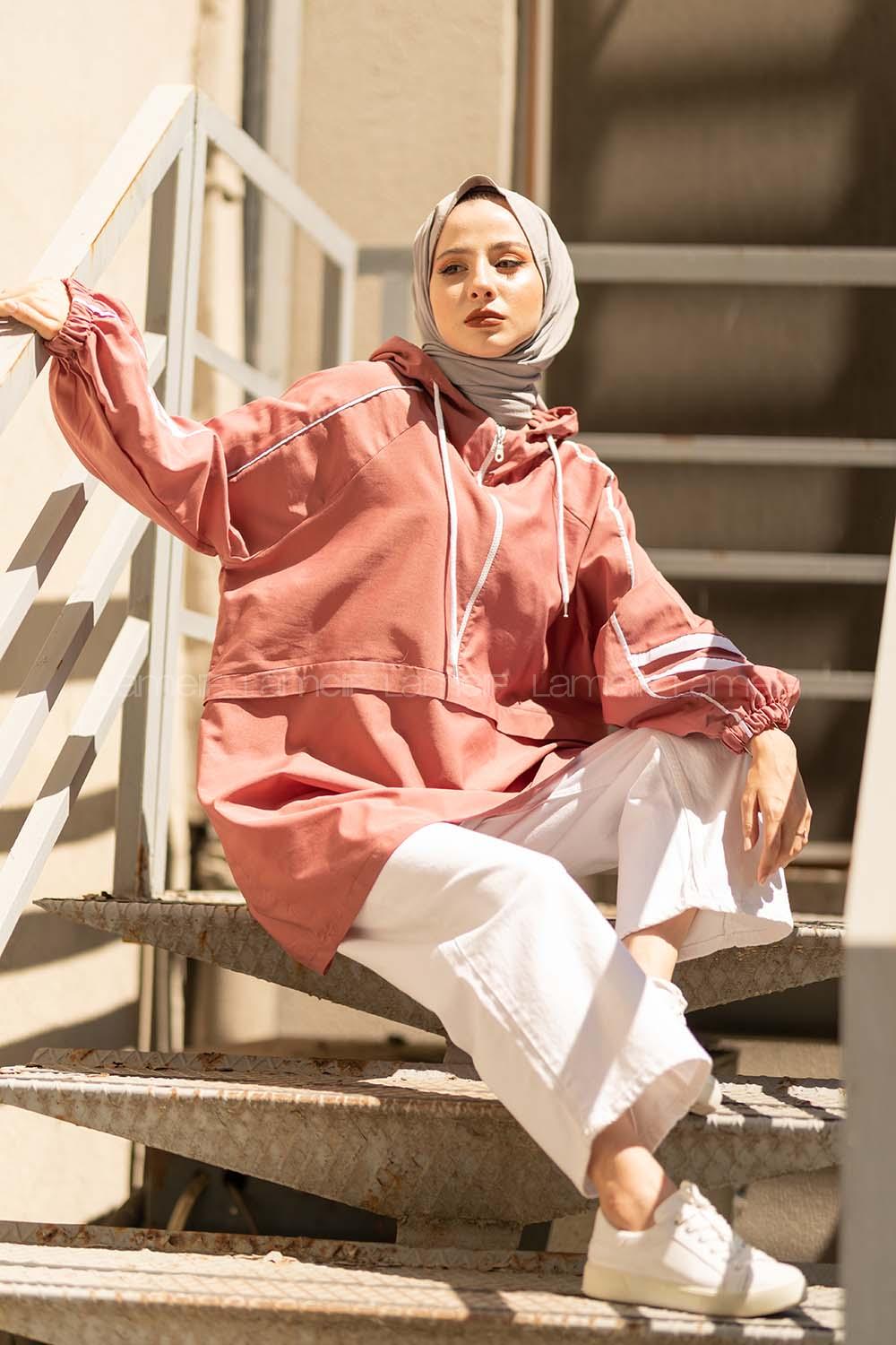 Modalamelif Yarım Fermuarlı Kapşonlu Tunik Gül