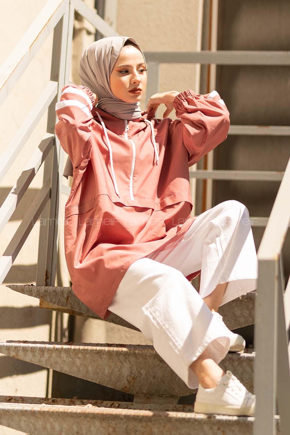 Modalamelif Yarım Fermuarlı Kapşonlu Tunik Gül