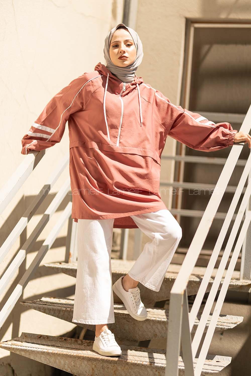 Modalamelif Yarım Fermuarlı Kapşonlu Tunik Gül