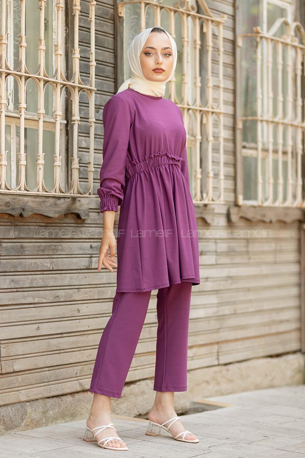 Modalamelif Bel Büzmeli Şık Takım Koyu Mor