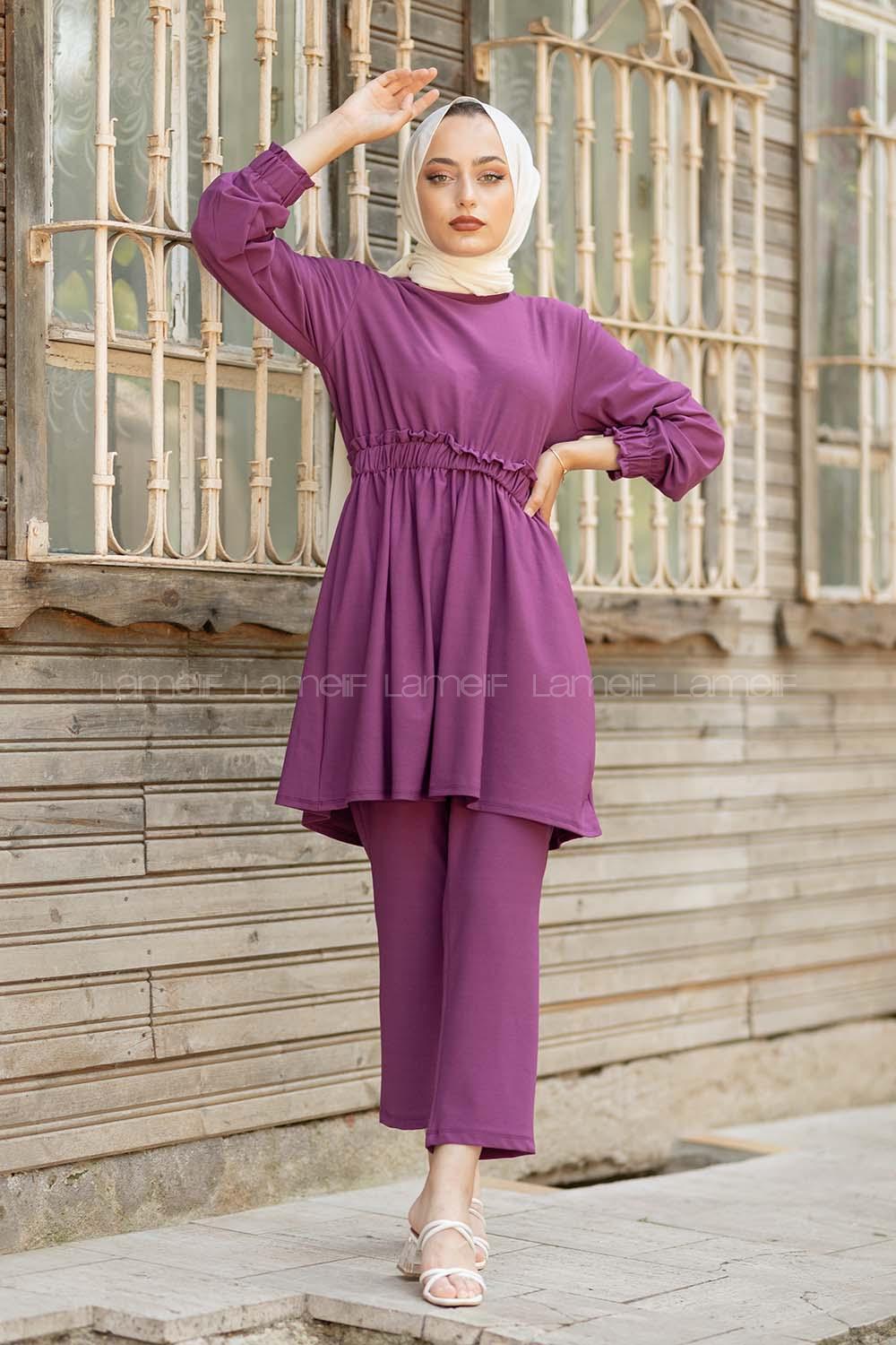 Modalamelif Bel Büzmeli Şık Takım Koyu Mor