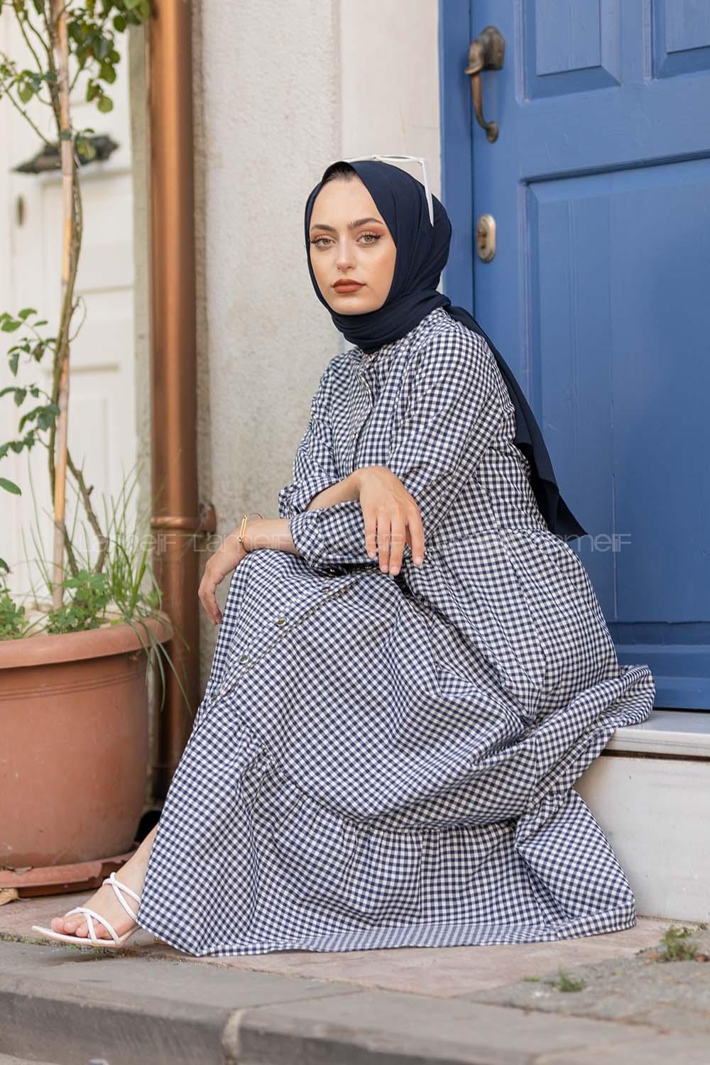 Modalamelif Eteği Fırfırlı Pötikare Elbise Lacivert