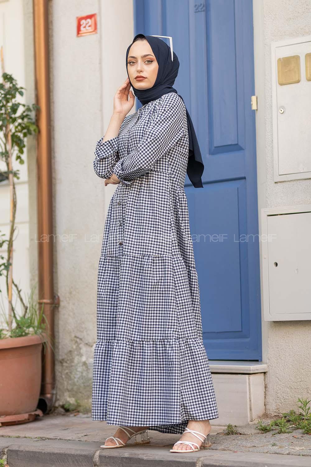 Modalamelif Eteği Fırfırlı Pötikare Elbise Lacivert