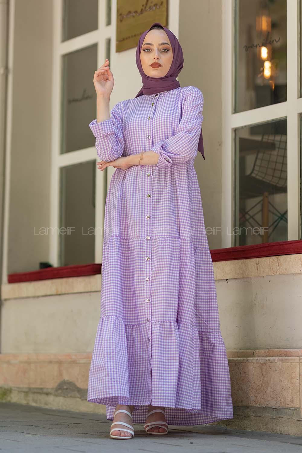 Modalamelif Eteği Fırfırlı Pötikare Elbise Lila