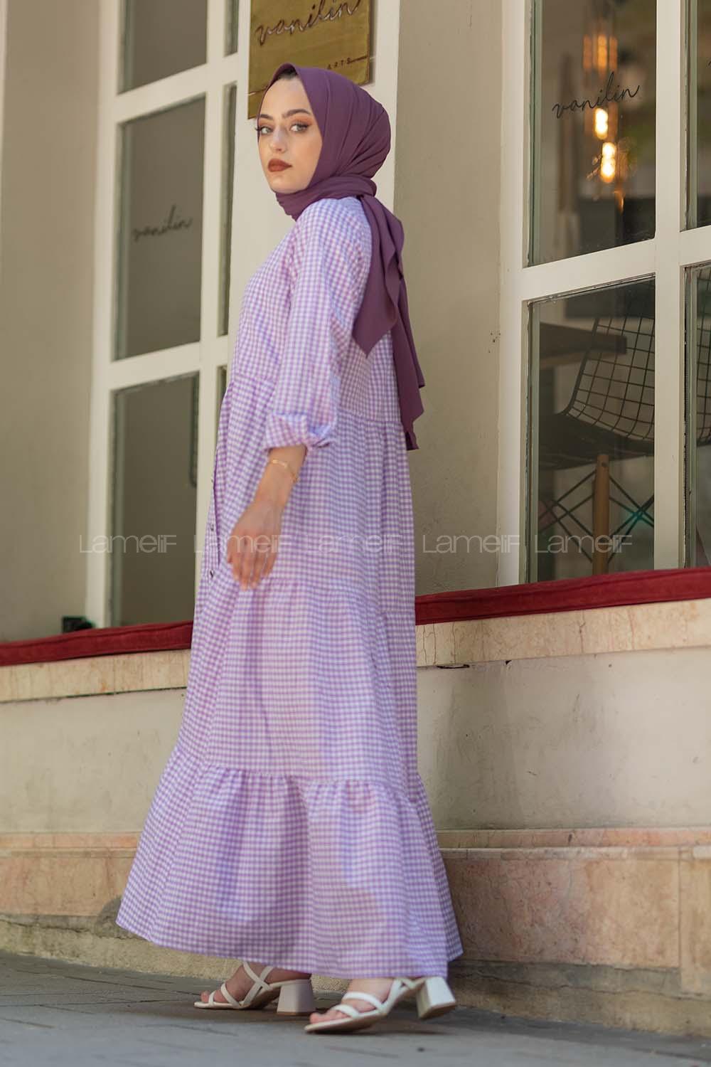 Modalamelif Eteği Fırfırlı Pötikare Elbise Lila