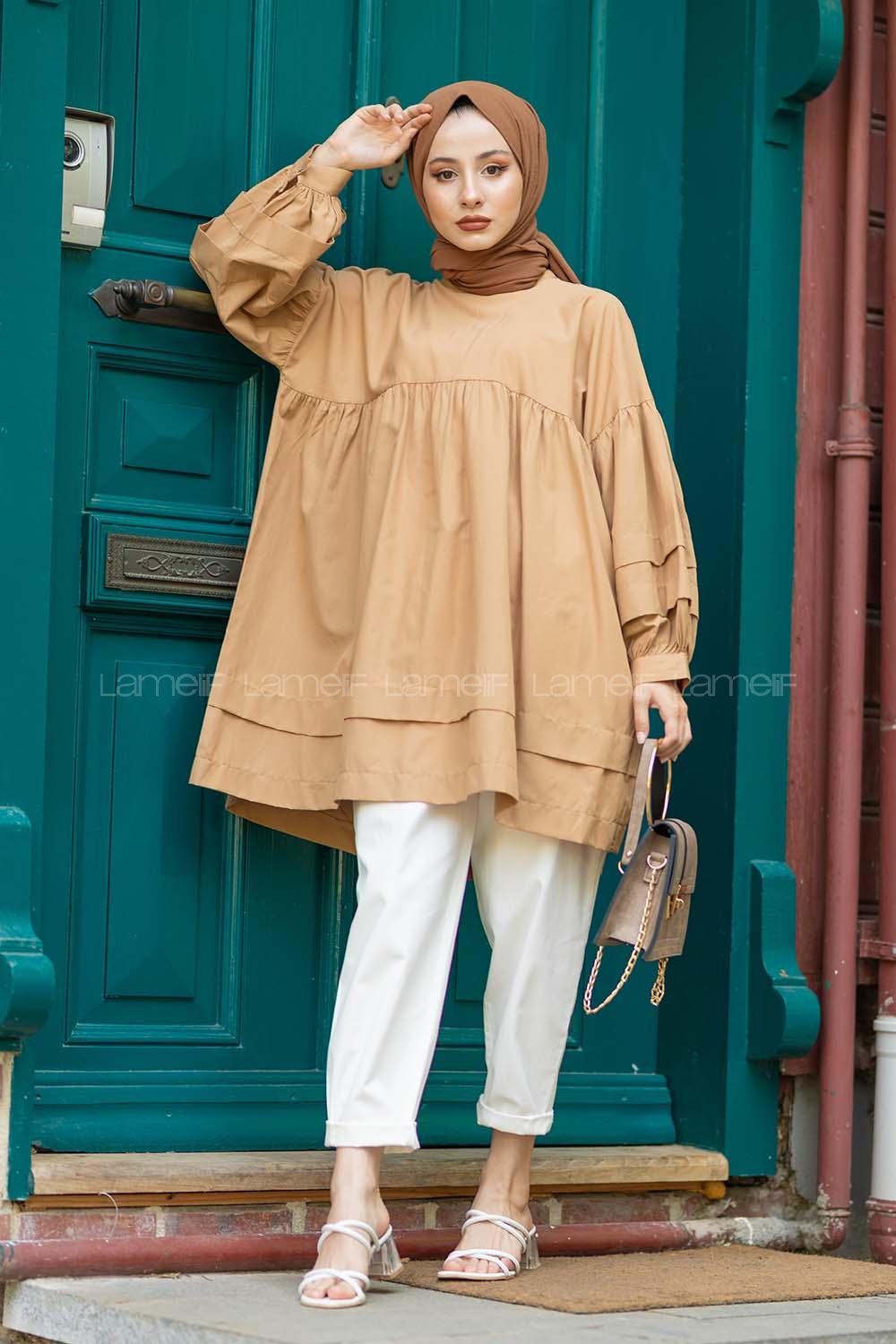 Modalamelif Kol Fırfırlı Tunik Sütlü Kahve