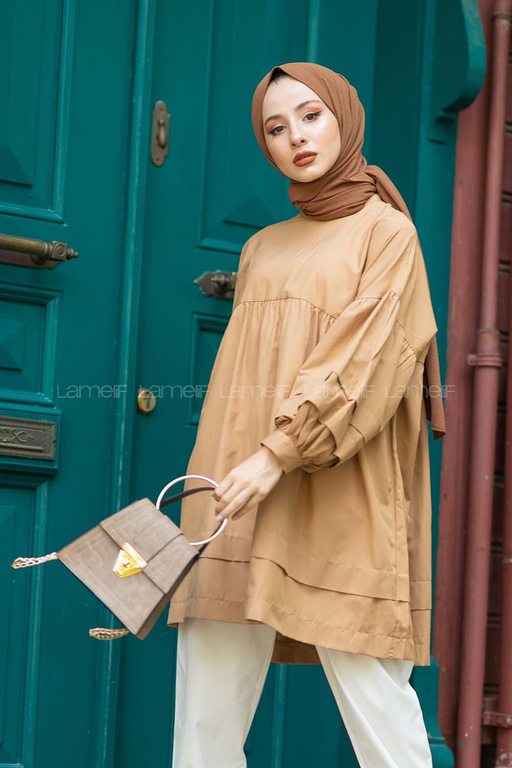 Modalamelif Kol Fırfırlı Tunik Sütlü Kahve