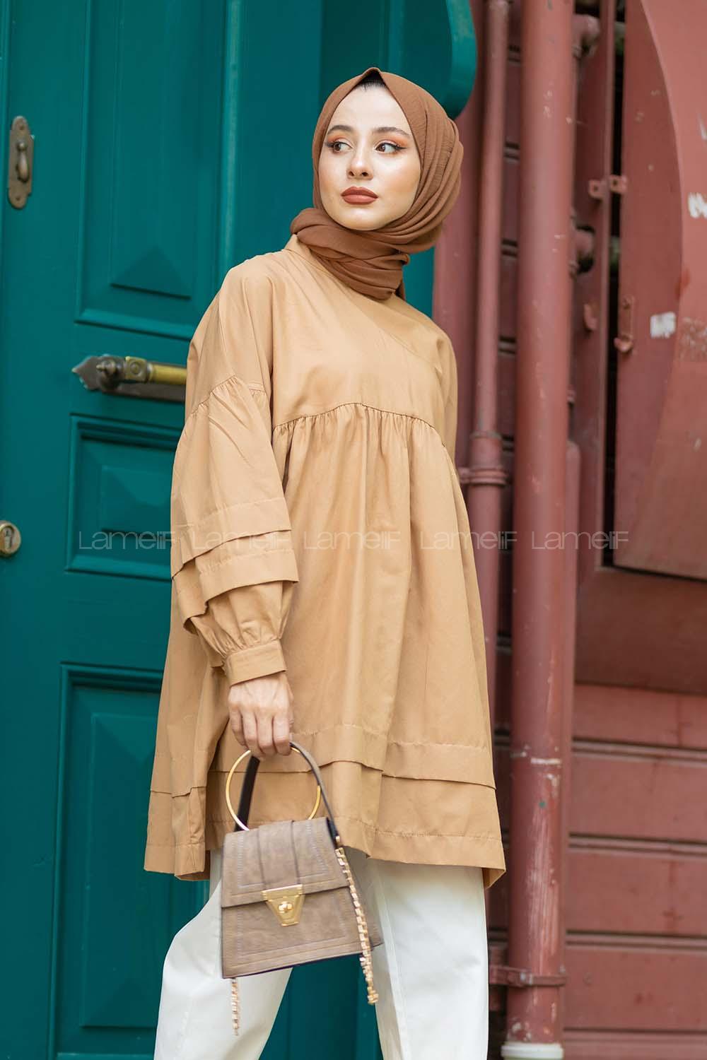 Modalamelif Kol Fırfırlı Tunik Sütlü Kahve