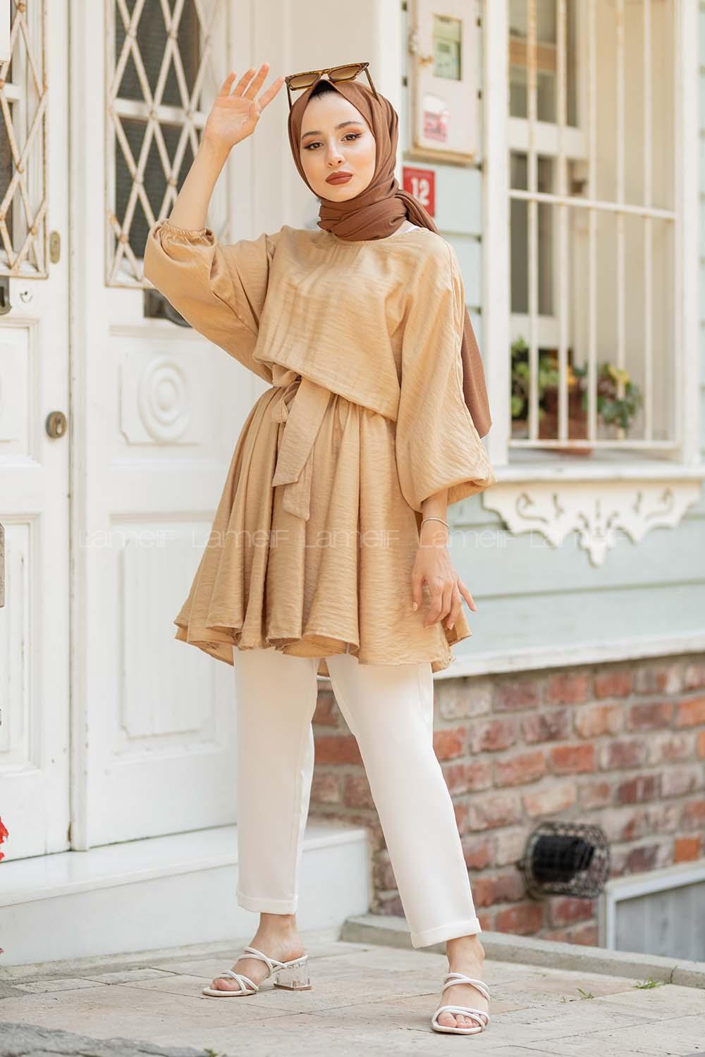 Modalamelif Kol Lastikli Kuşaklı Tunik Camel