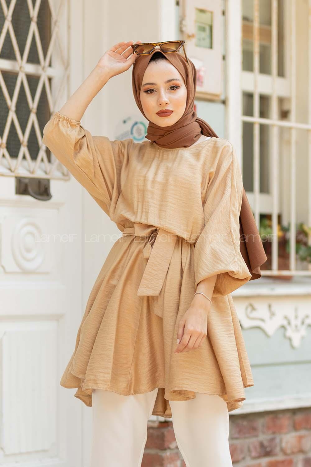 Modalamelif Kol Lastikli Kuşaklı Tunik Camel