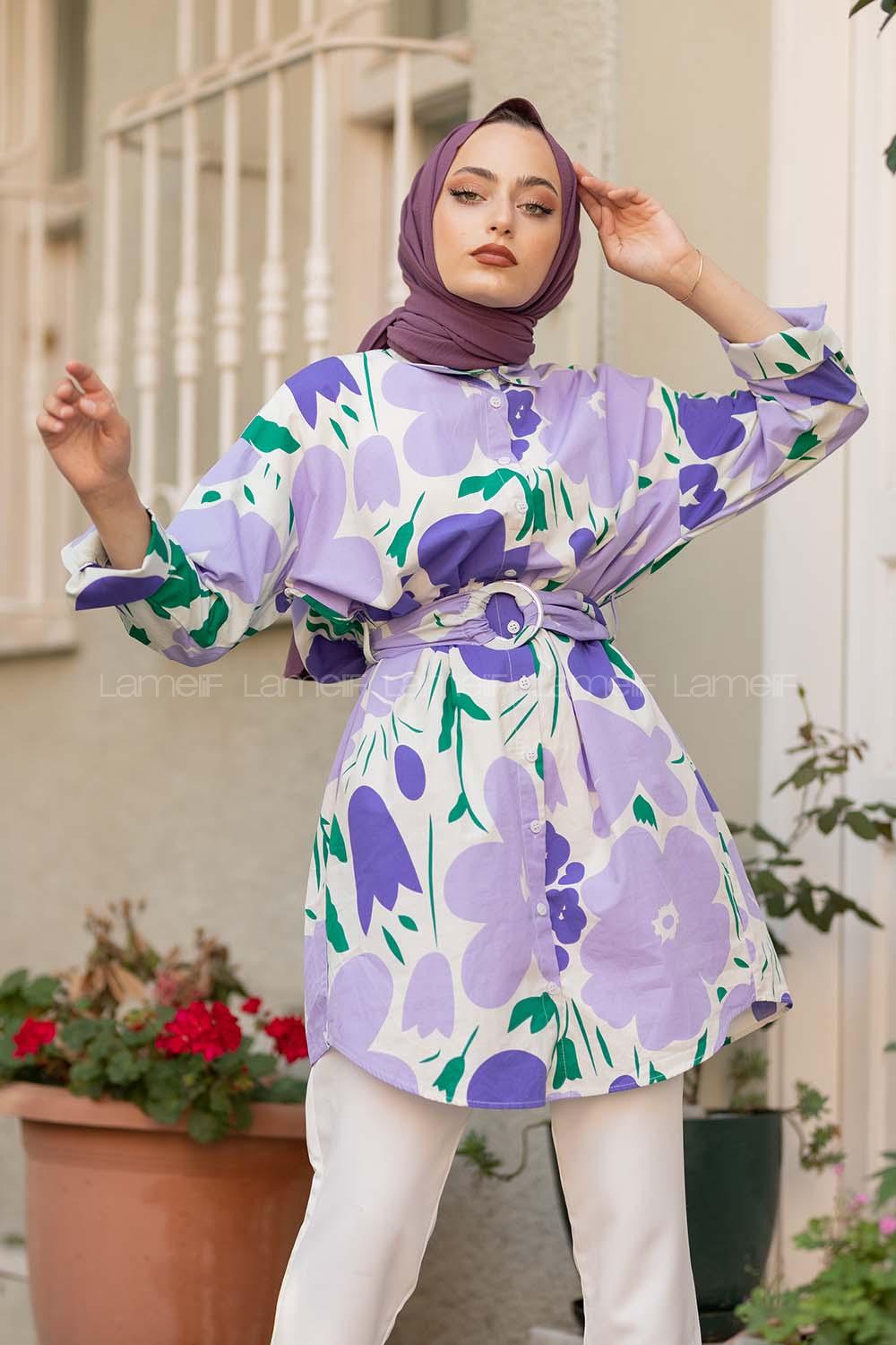 Modalamelif Önü Düğmeli Papatya Desen Tunik Lila