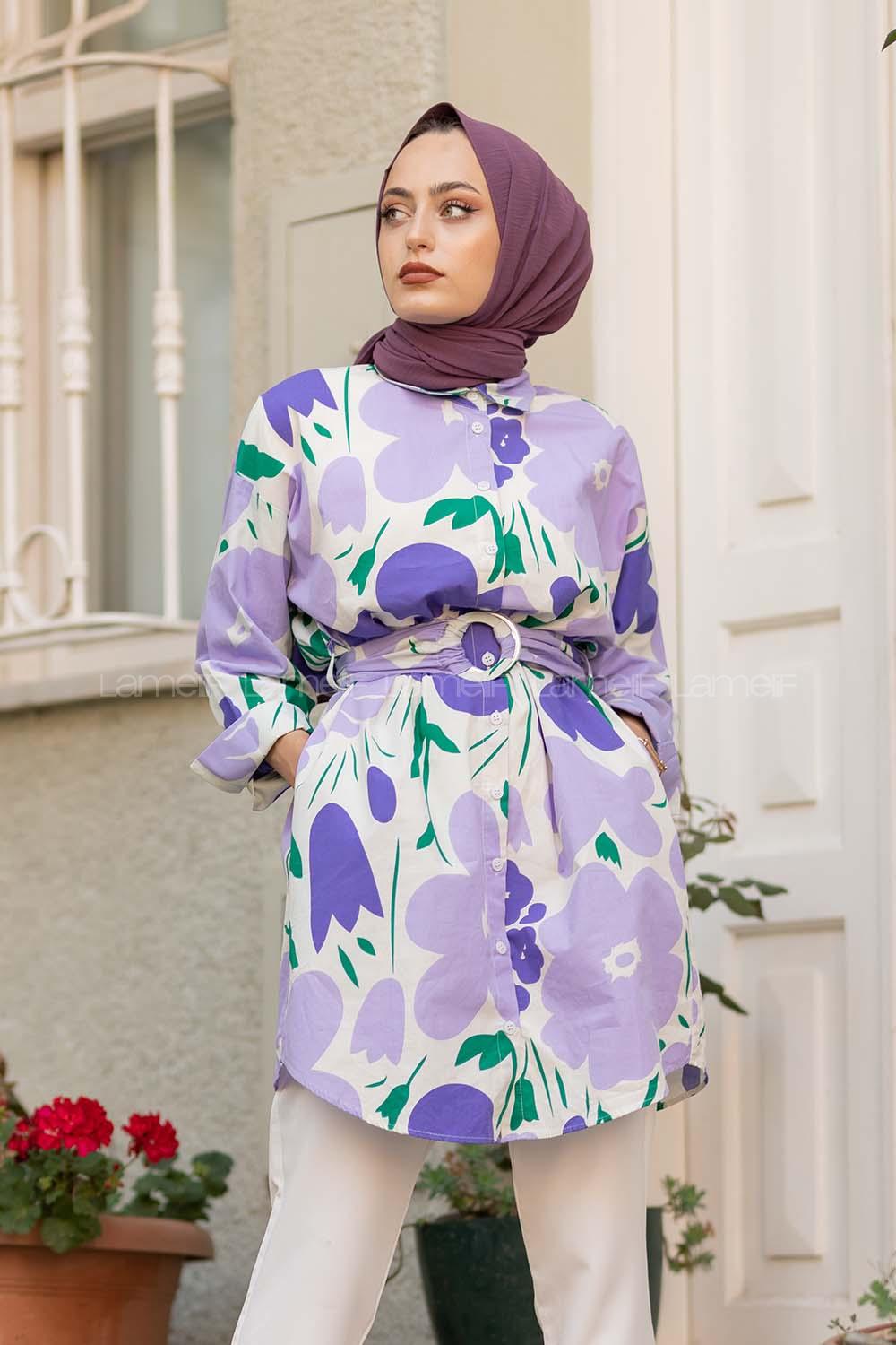 Modalamelif Önü Düğmeli Papatya Desen Tunik Lila