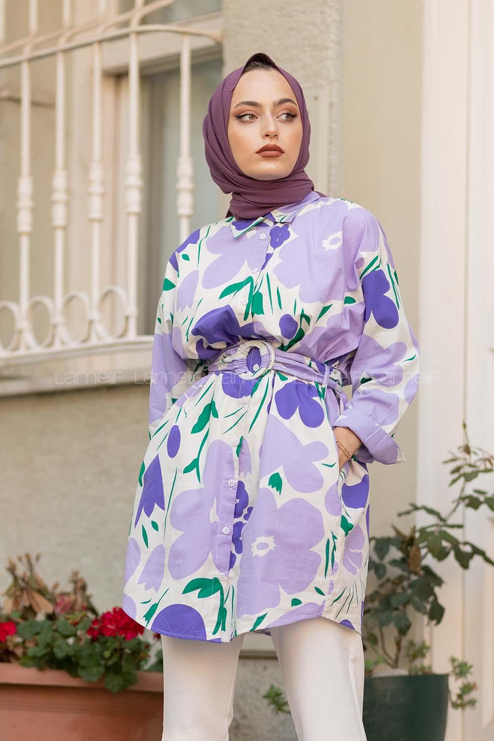 Modalamelif Önü Düğmeli Papatya Desen Tunik Lila