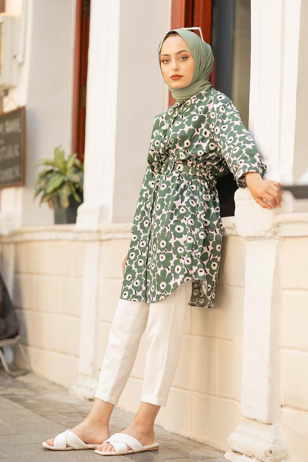 Modalamelif Önü Düğmeli Papatya Desen Tunik Yeşil