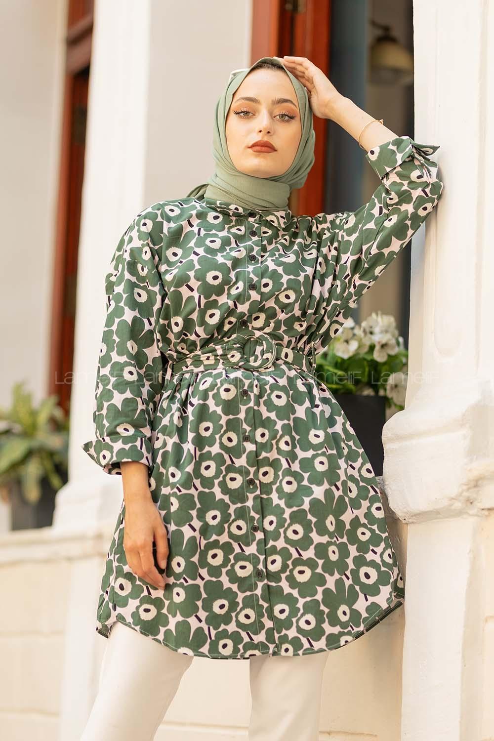 Modalamelif Önü Düğmeli Papatya Desen Tunik Yeşil