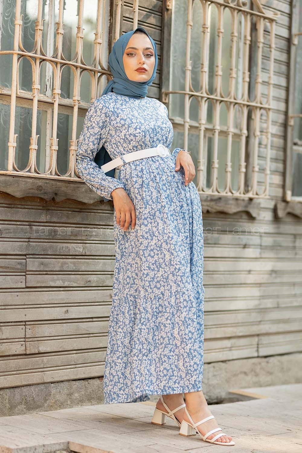 oyut Desen Kemerli Elbise Açık Mavi