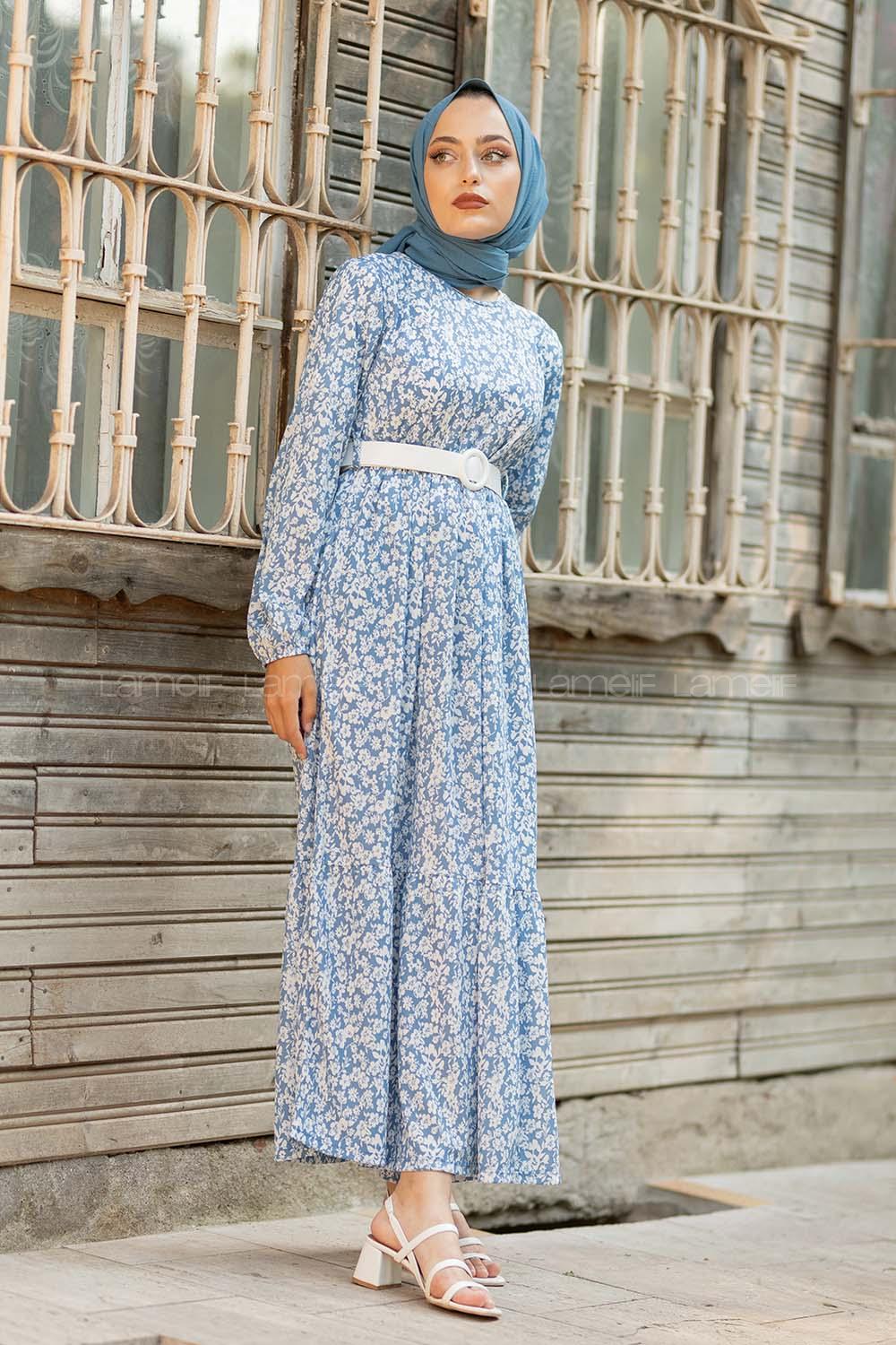 oyut Desen Kemerli Elbise Açık Mavi