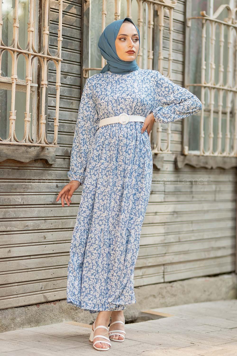 oyut Desen Kemerli Elbise Açık Mavi