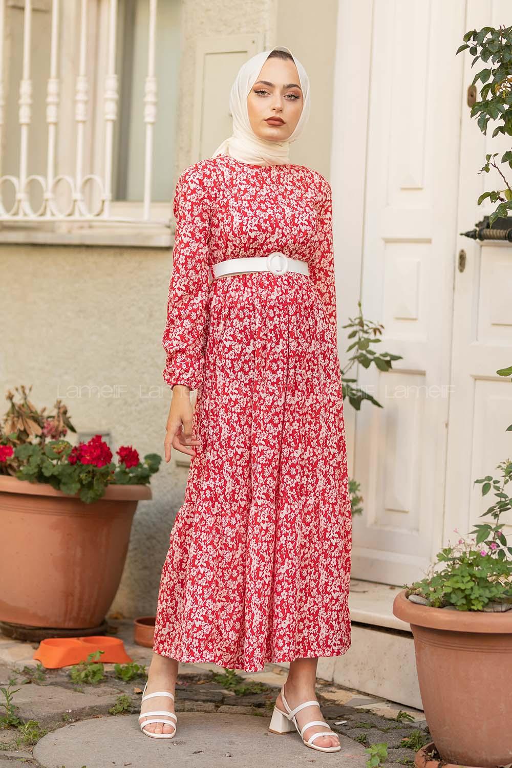 Modalamelif Soyut Desen Kemerli Elbise Kırmızı