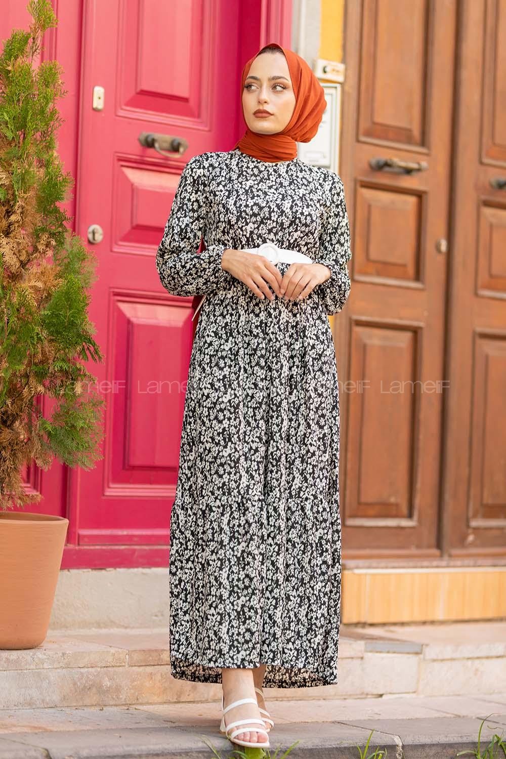 Modalamelif Soyut Desen Kemerli Elbise Siyah