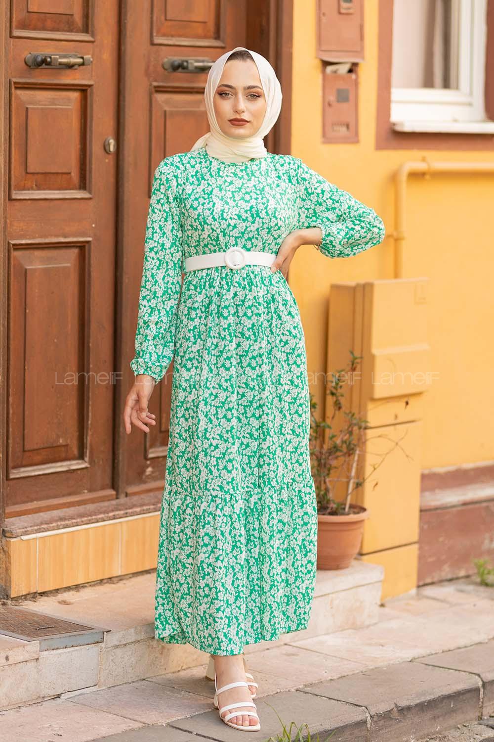 Modalamelif Soyut Desen Kemerli Elbise Yeşil