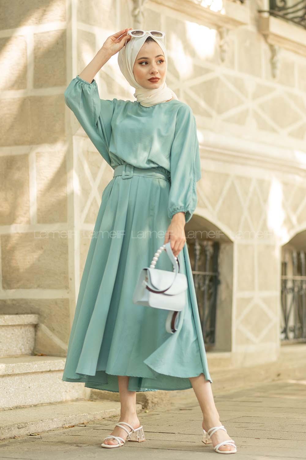 Modalamelif Yarasa Kol Kemerli Elbise Mint