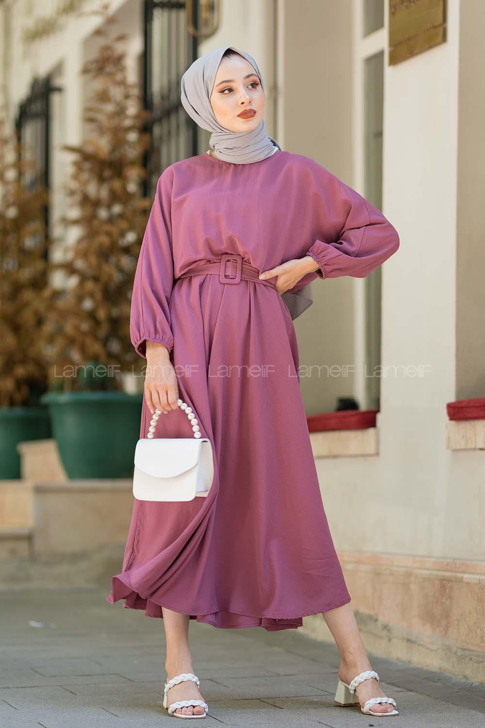 Modalamelif Yarasa Kol Kemerli Elbise Mürdüm