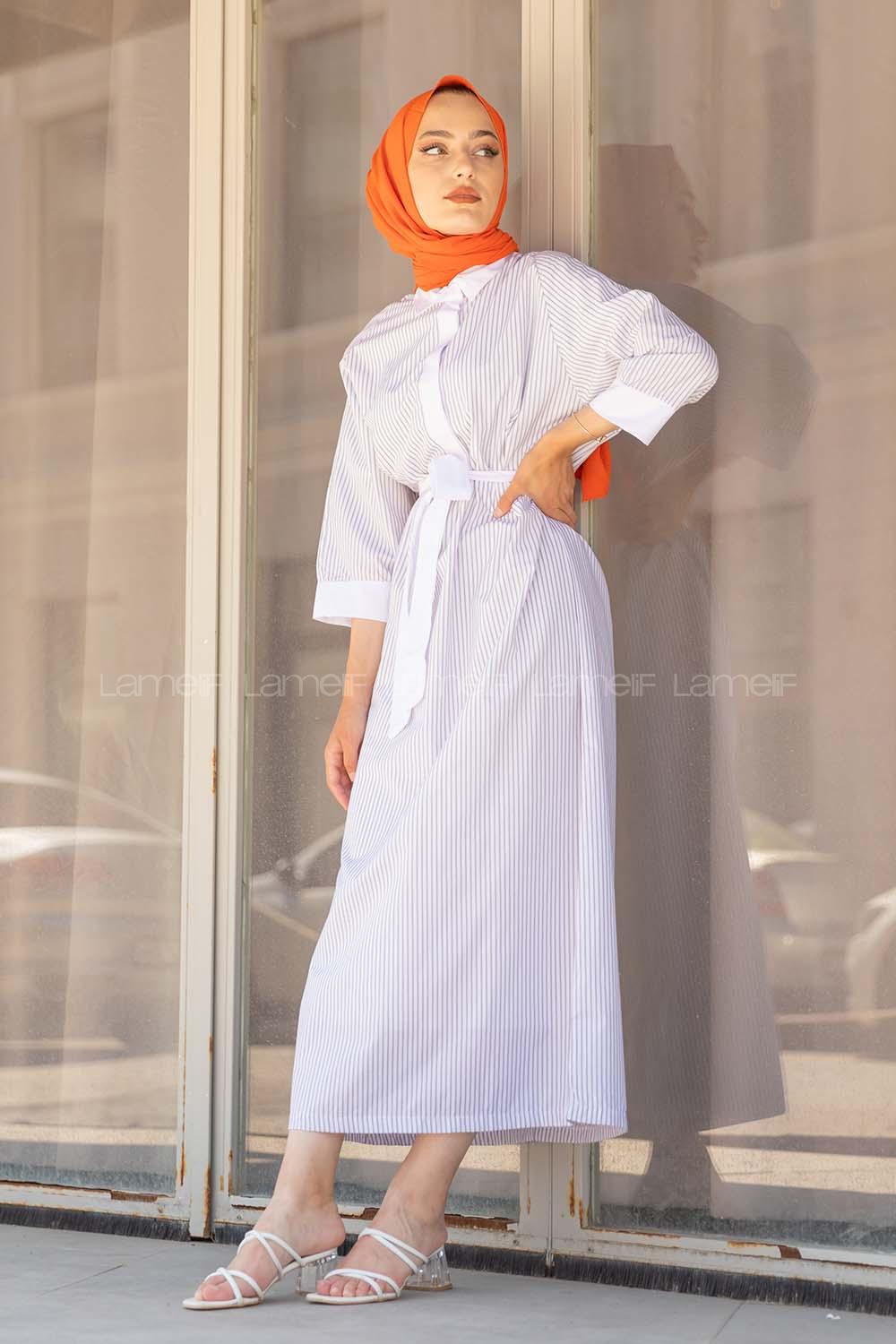 Modalamelif Düşük Kol Çizgili Elbise Gri