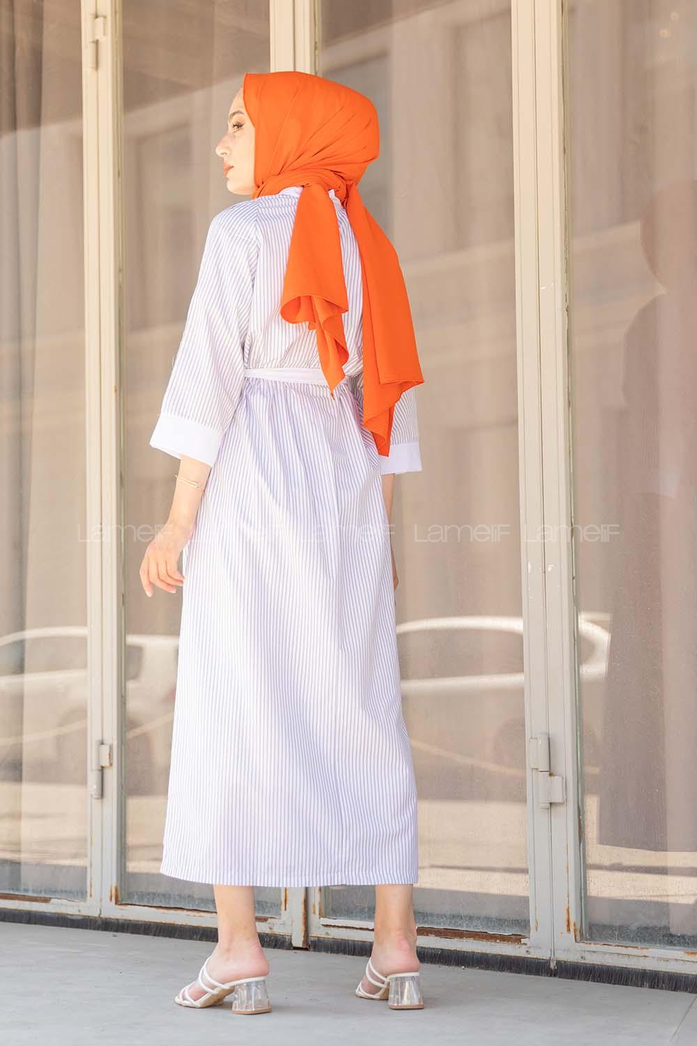 Modalamelif Düşük Kol Çizgili Elbise Gri