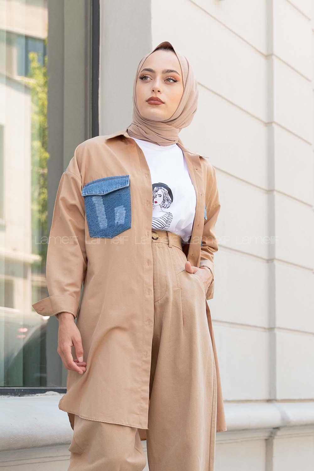 Modalamelif Kot Garnili Gömlek Camel