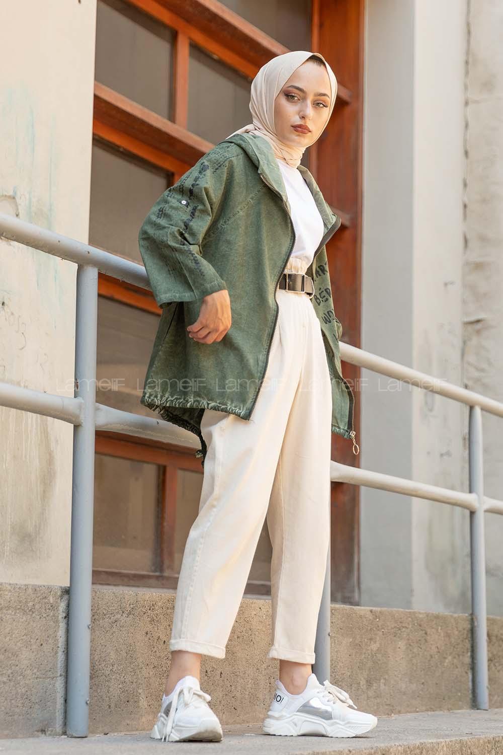 Modalamelif Önü Fermuarlı Kapşonlu Trenç Koyu Yeşil