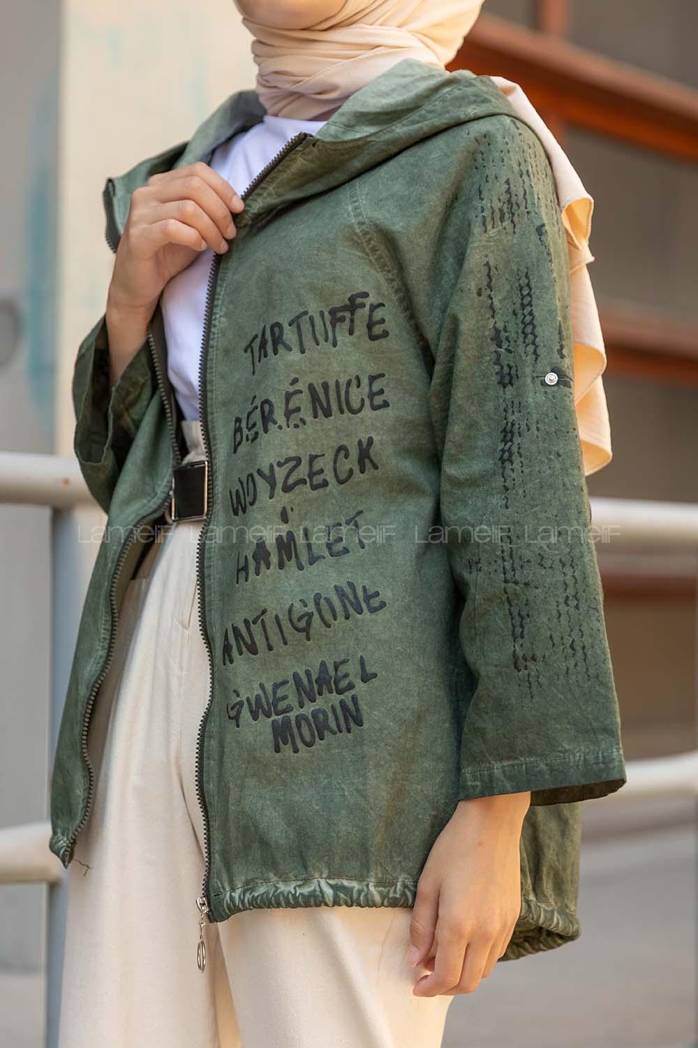 Modalamelif Önü Fermuarlı Kapşonlu Trenç Koyu Yeşil