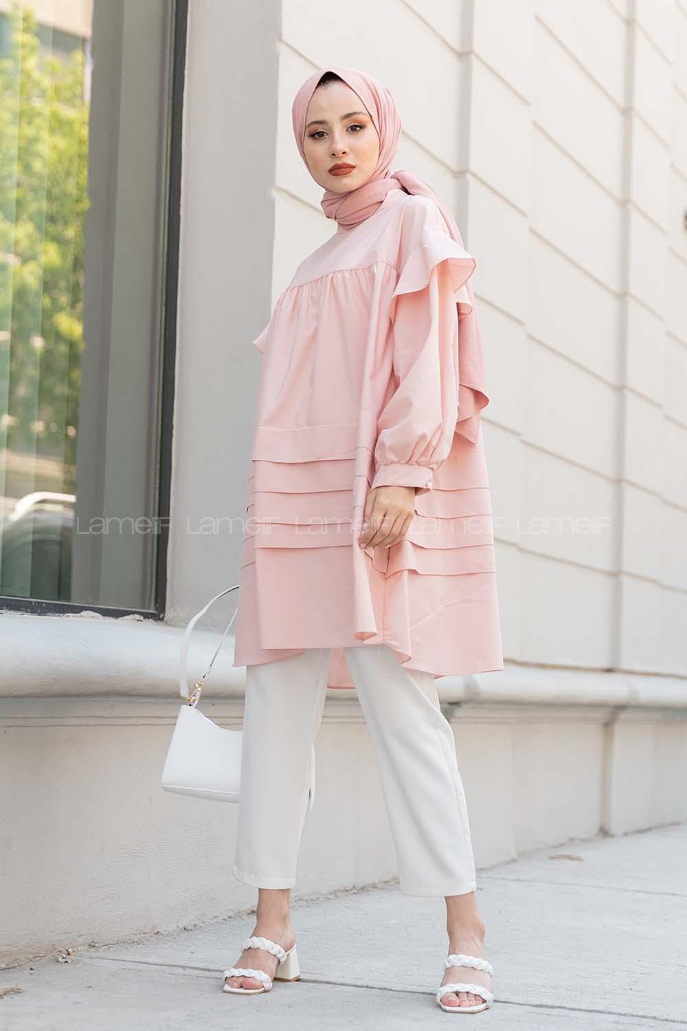 Modalamelif Önü Katlı Salaş Tunik Pudra