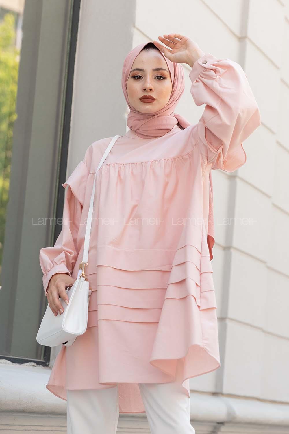 Modalamelif Önü Katlı Salaş Tunik Pudra